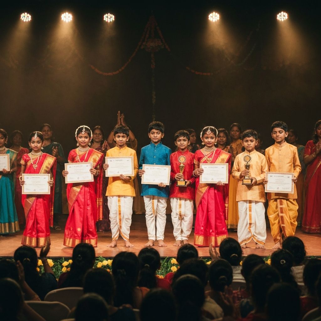 Kids at Spoorthi Utsav awards ceremony receiving trophies